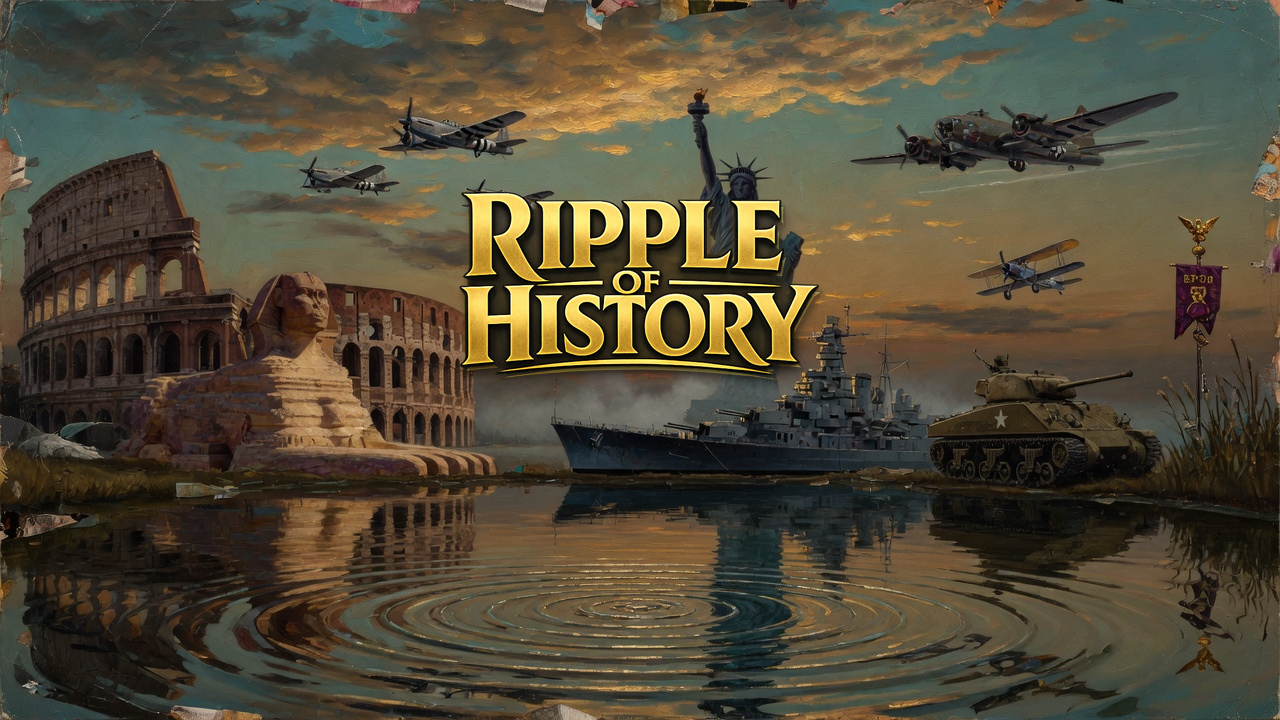 Ripple of History banner: the gold channel logo over a pond of Rome, Egypt, Liberty and the world wars.
