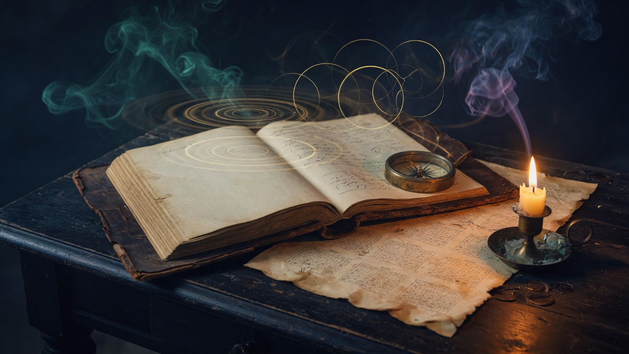 An antique chronicle, compass and candle on a dark wooden desk, gold ripples of light above the pages.