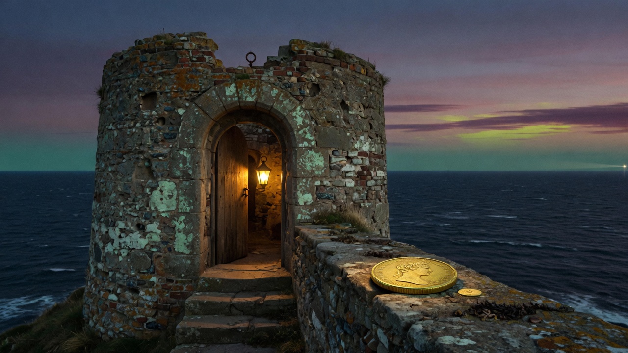 A Martello tower on the English Channel at dusk, lantern light in the doorway.